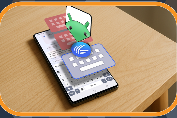 A smartphone with multiple keyboard icons floating above the screen and the Android mascot in the center.