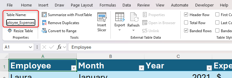 Đặt tên Bảng Excel Một bảng trong Excel được đổi tên thành Employee_Expenses.