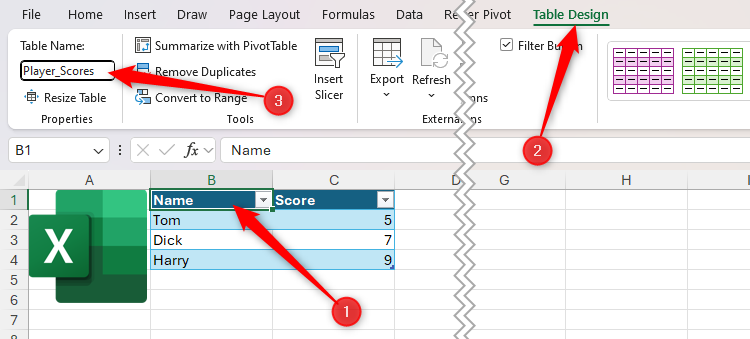 The Microsoft Excel has the name of a table to player_scores.