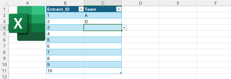 The name of a team has been recorded next to each entrance using the drop-down list at Microsoft Excel.