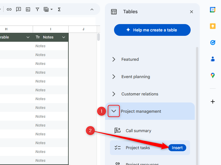 Выбран шаблон таблицы для управления проектом в Google Sheets.
