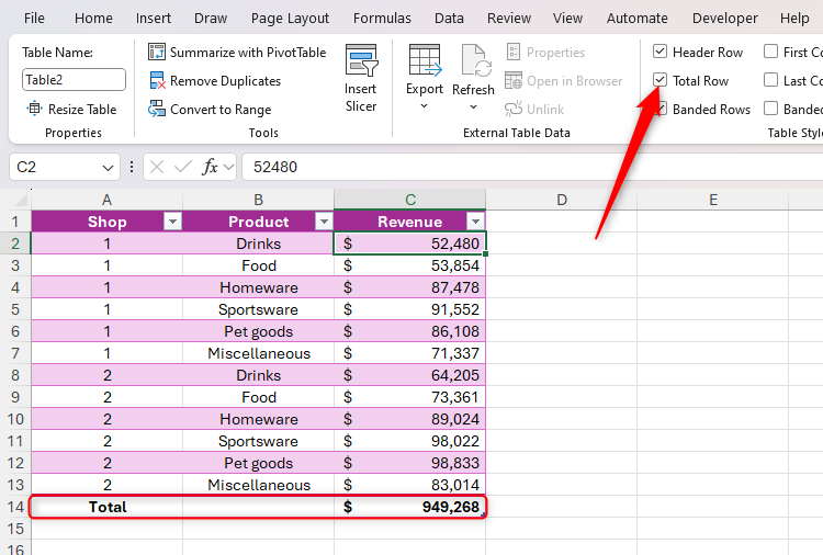 A total row is added to an Excel table.