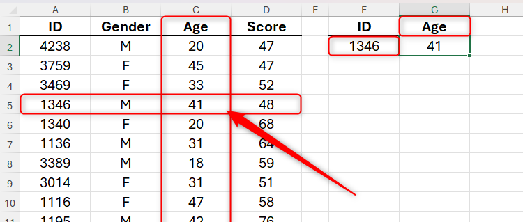 A two-dimensional XLOOKUP formula in Microsoft Excel that returns an age based on a specified ID.