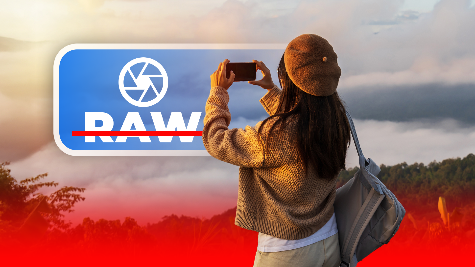 A woman taking a photo with her smartphone in nature, with a large RAW photo format icon beside her, crossed out in red.