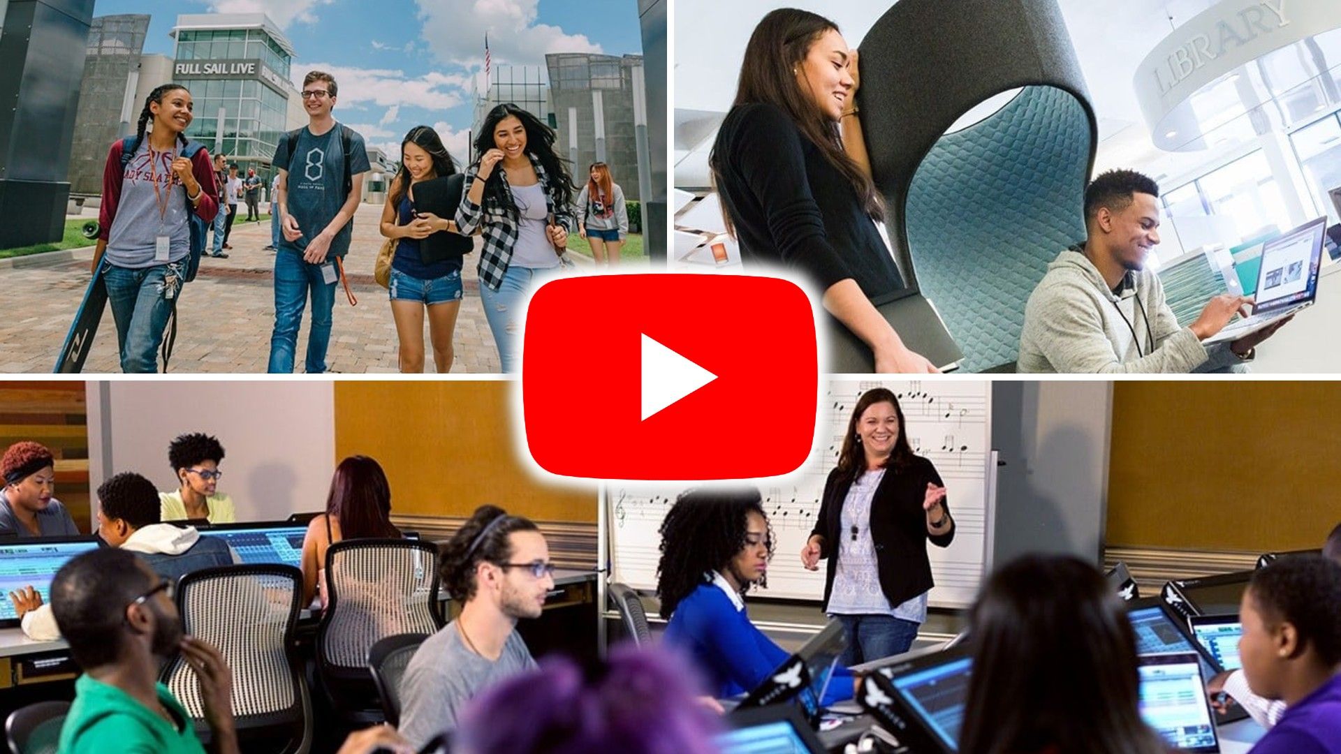 A YouTube Logo over the images of Full Sail University students in classes