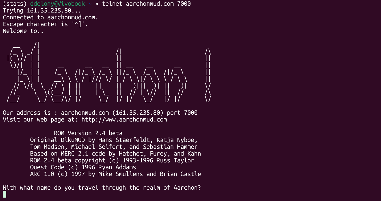 Подключение к MUD Aarchon через терминал.