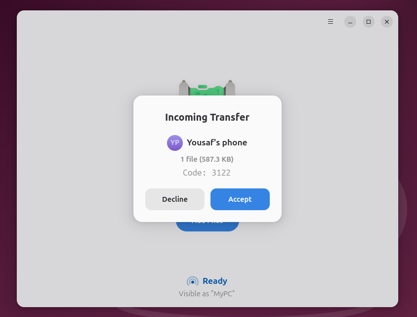 Accept incoming files on the Linux Packet client.