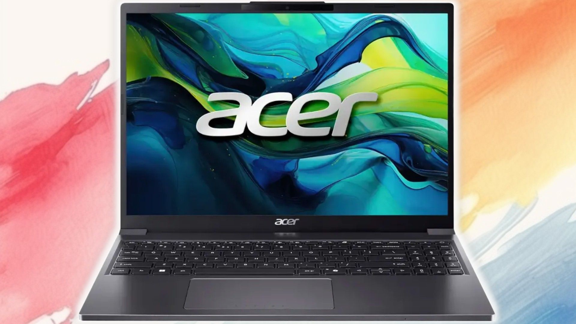 Acer Aspire Go 15 Laptop on a painted background.