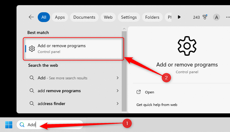 Add is typed into the Windows 11 taskbar search field, and Add Or Remove Programs is selected in the results.