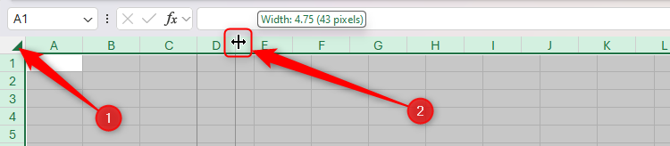 All cells are selected in an Excel workbook, and the column widths are reduced to 4.75 units.