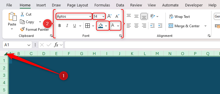 All cells are selected in an Excel workbook, and the font, font size, background color, and font color are selected.