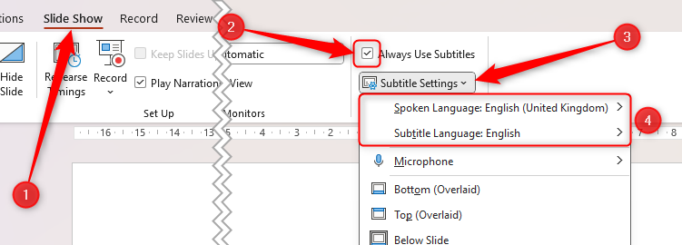 Always Use Subtitles is checked in Microsoft PowerPoint, and the spoken and subtitle language options are set to English.
