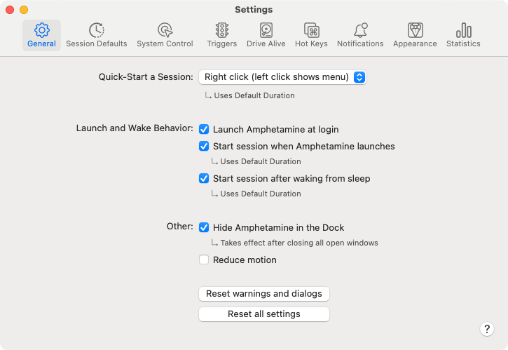 Amphetamine settings on a Mac mini Home Assistant server.