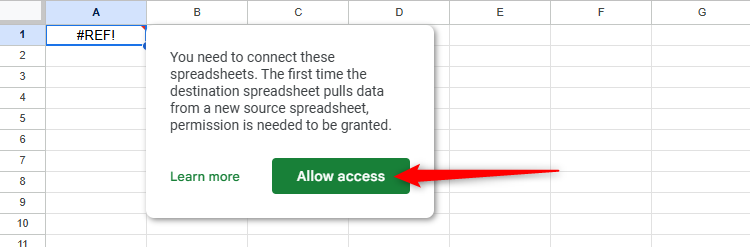 В Google Sheets всплывает оповещение о необходимости разрешить доступ, выделена кнопка 'Разрешить'.