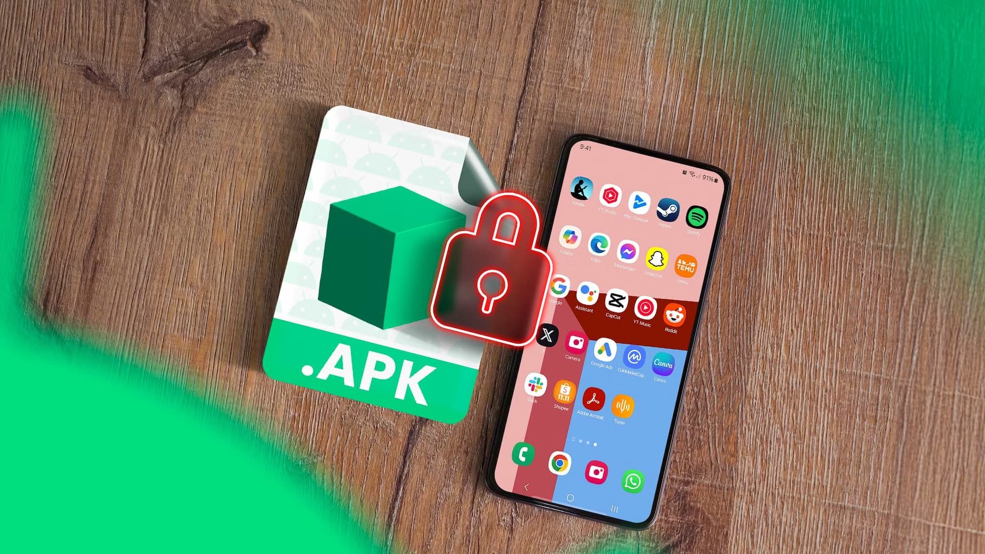 An APK icon next to a smartphone with a padlock between them.