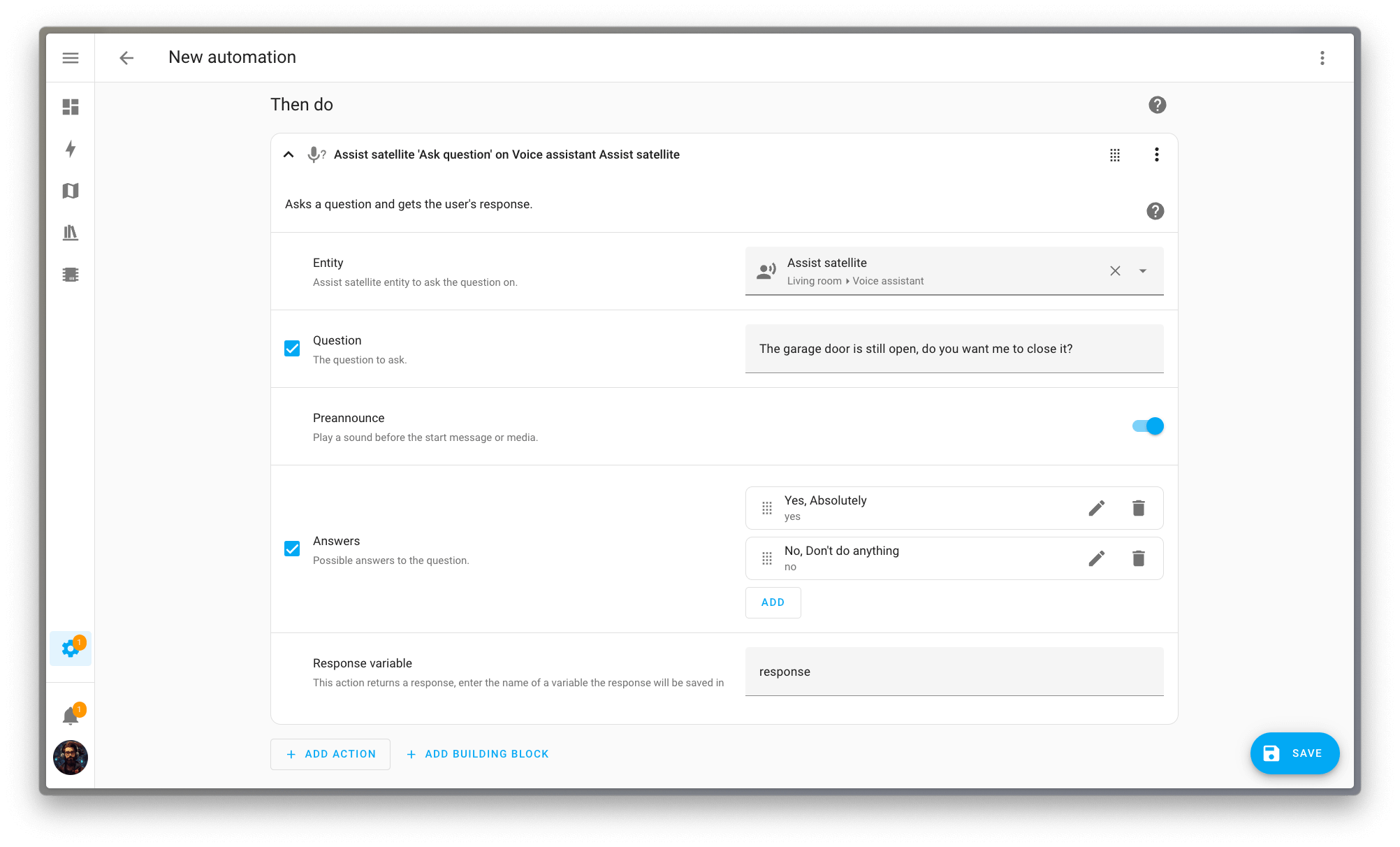 An automation using the Ask Question action in Home Assistant.
