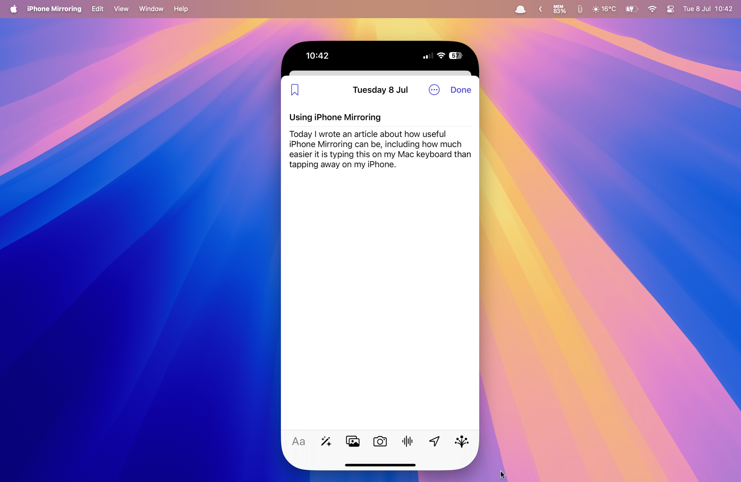 An entry in the Journal mobile app running in iPhone Mirroring on a Mac.