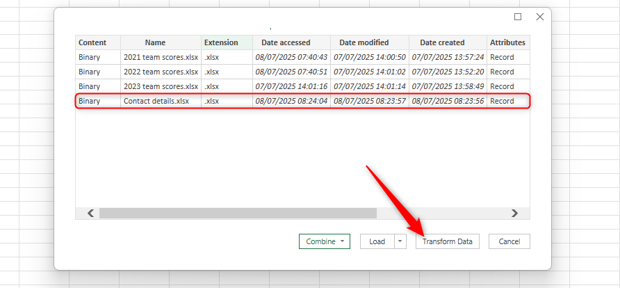 An extraneous file is included in a list of files in a dialog box in Excel, and Transform Data is selected.