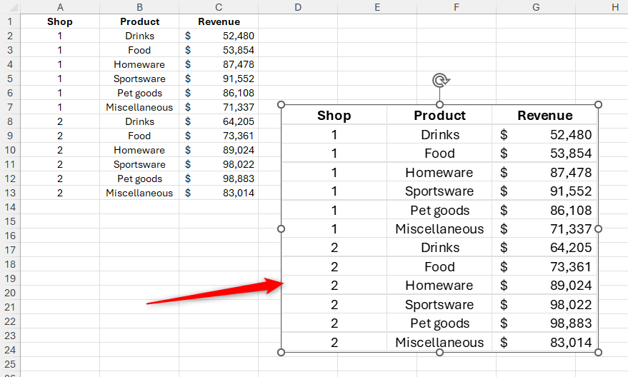 An image produced via the Camera tool in Excel replicates some data in cells not formatted as a table.