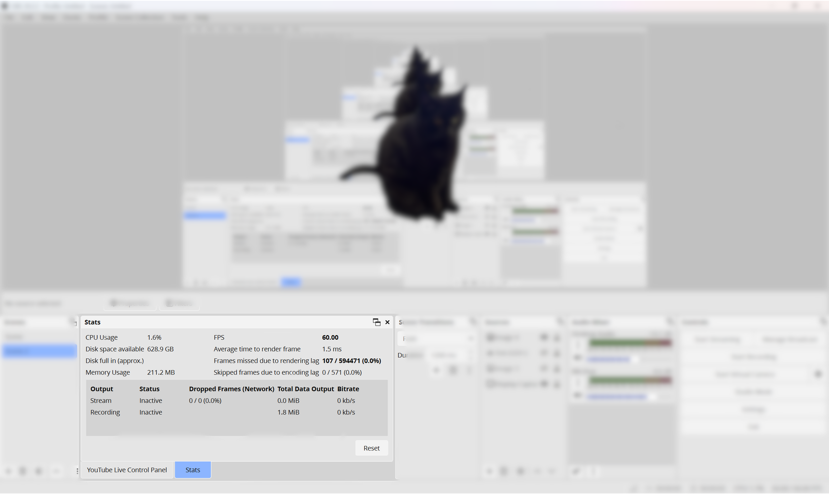 An OBS layout that is blurred out, outside of the dock for stream statistics