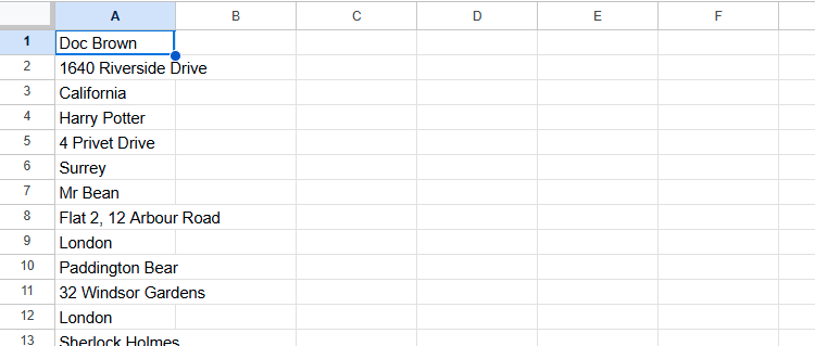 An unsorted list of names and addresses in column A in Google Sheets.