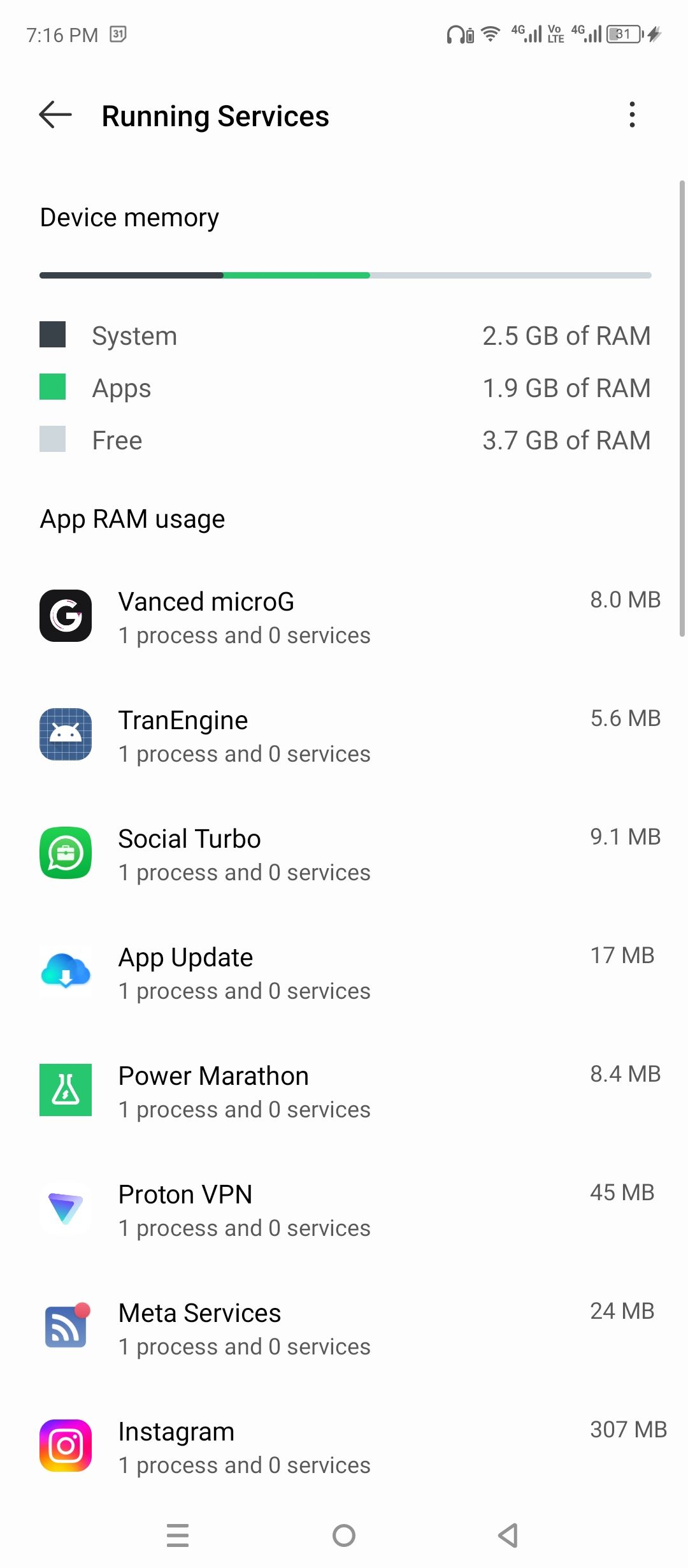 Running services show in developer options.