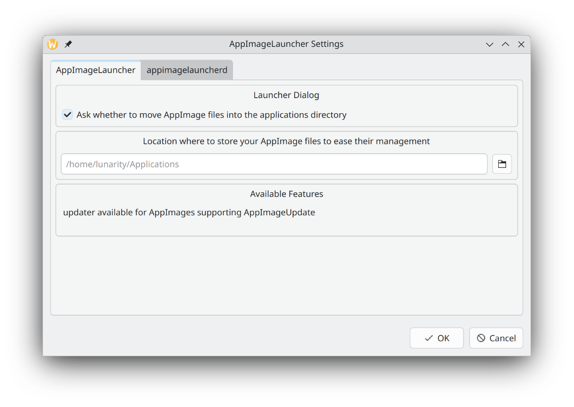 AppImageLauncher settings on Kubuntu.
