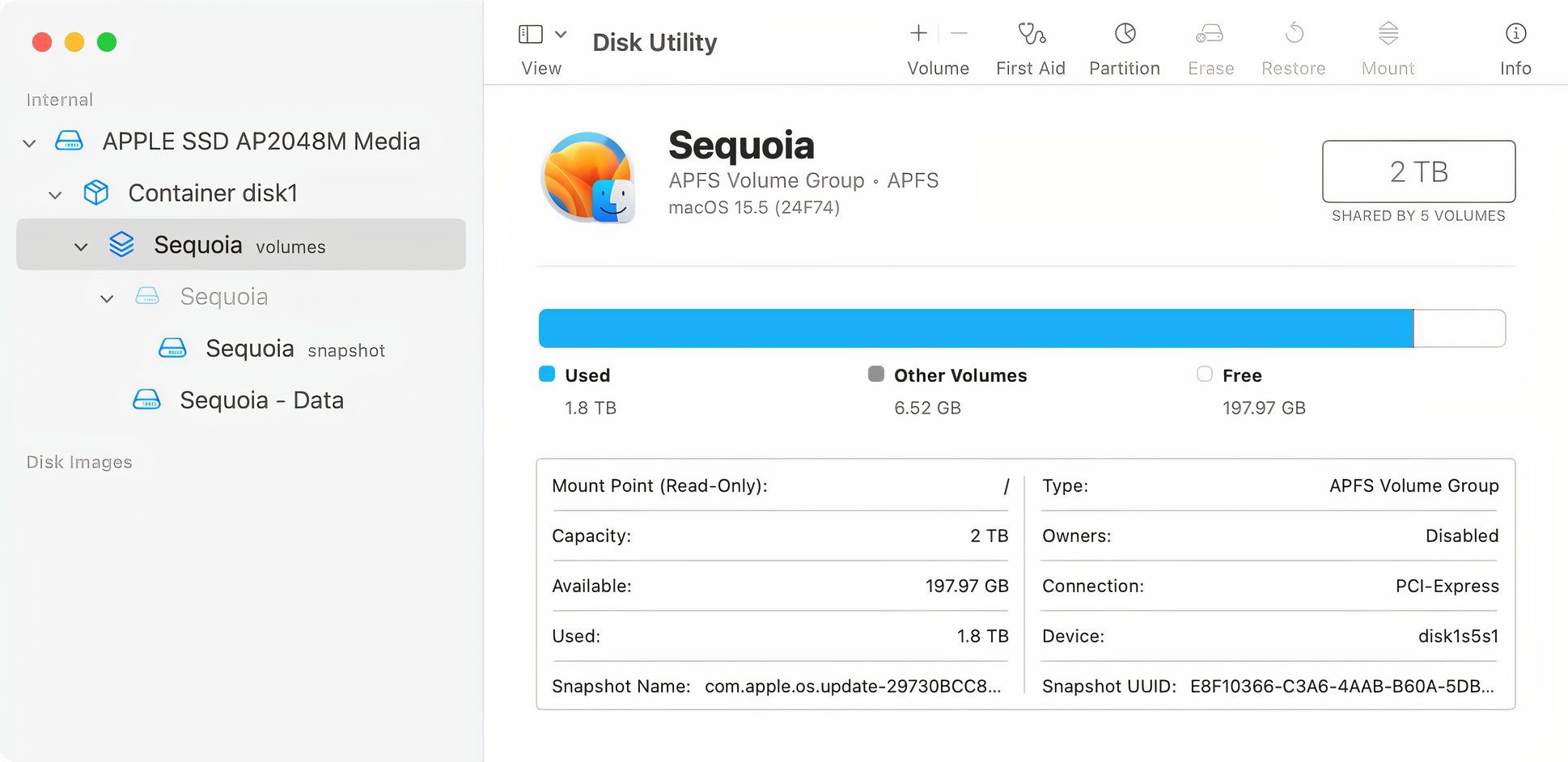 Disk Utility on macOS Sequoia displaying partitions on the startup drive.