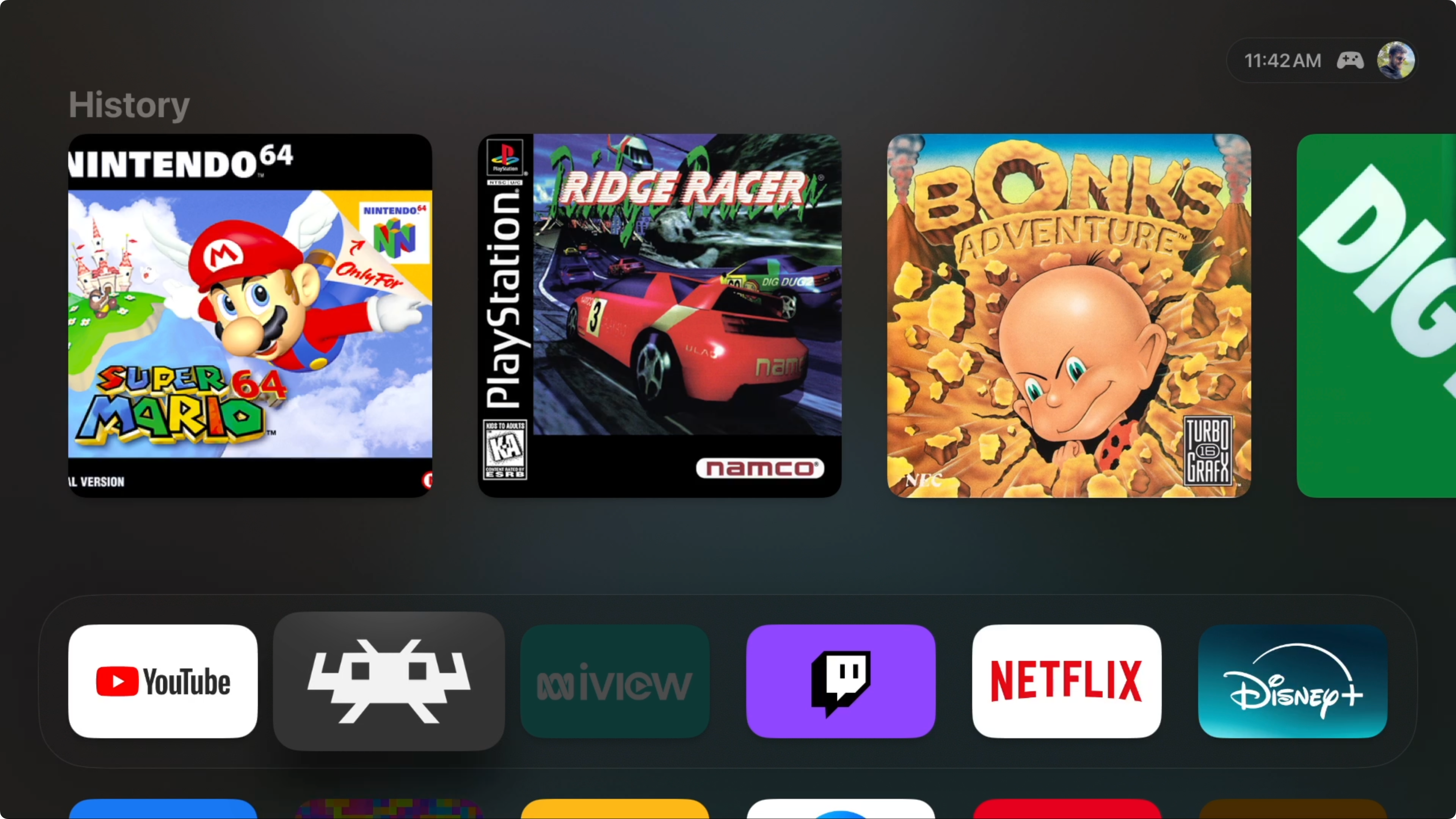 Apple TV with RetroArch on the home screen.