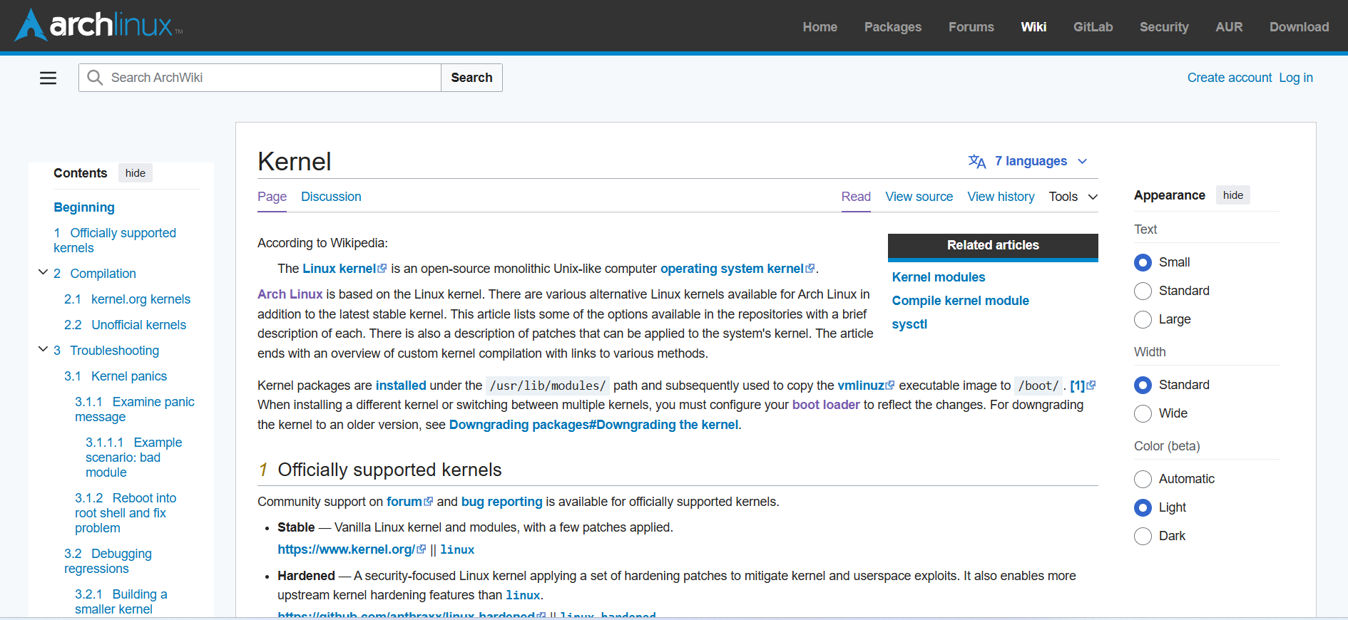 Arch Wiki kernel page.