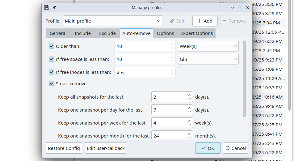 Auto-remove tab in the Back in Time app.