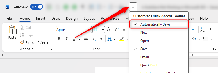 Automatically Save is selected in the QAT drop-down menu in Microsoft Word.