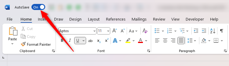 AutoSave is activated in Microsoft Word.