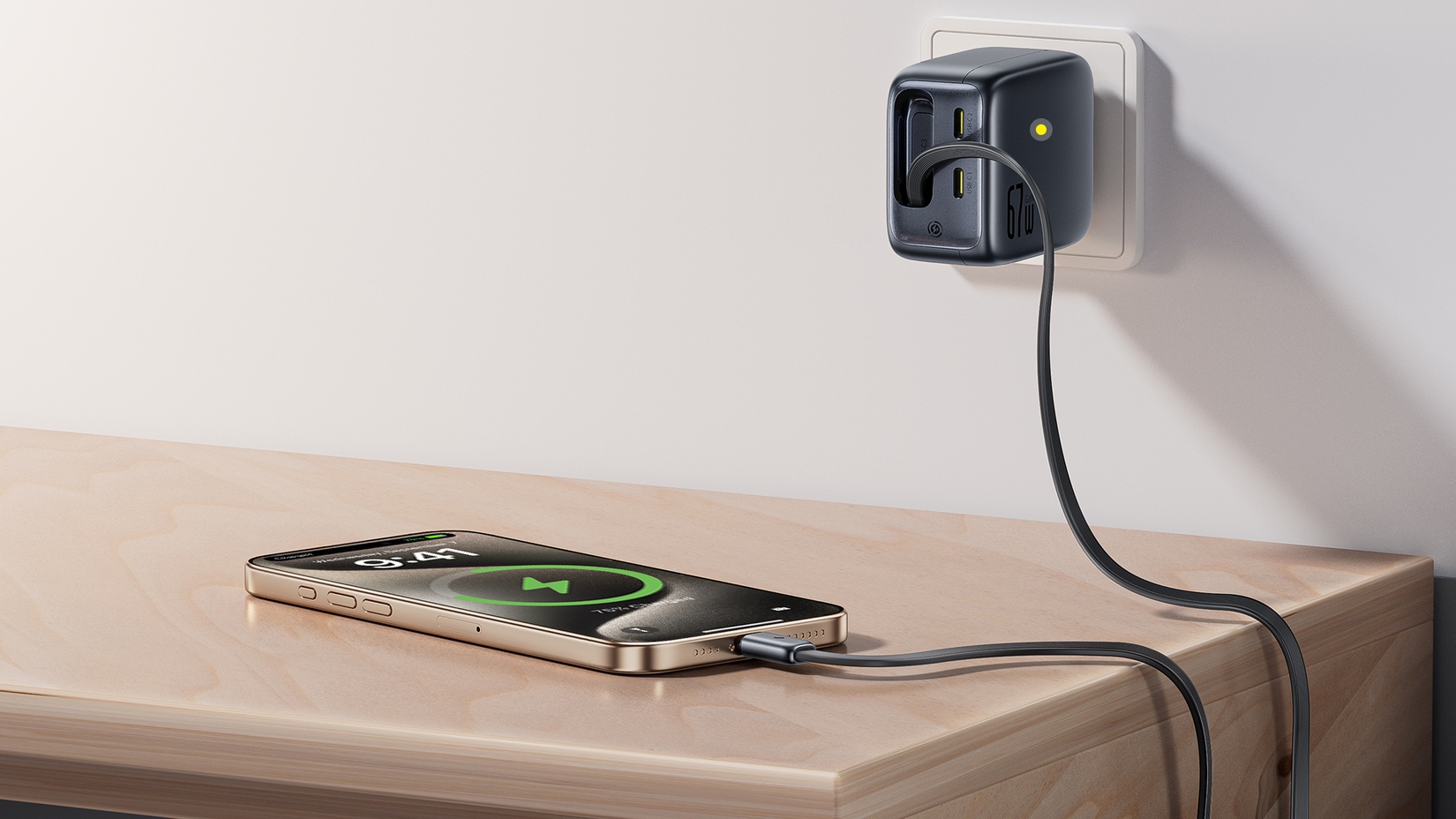 Baseus EnerCore CJ11 Fast Charger with Retractable USB-C Cable 67W  at home charging a phone.