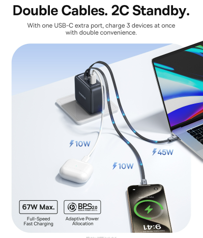 Baseus EnerCore CJ11 Fast Charger with Retractable USB-C with two devices connected.