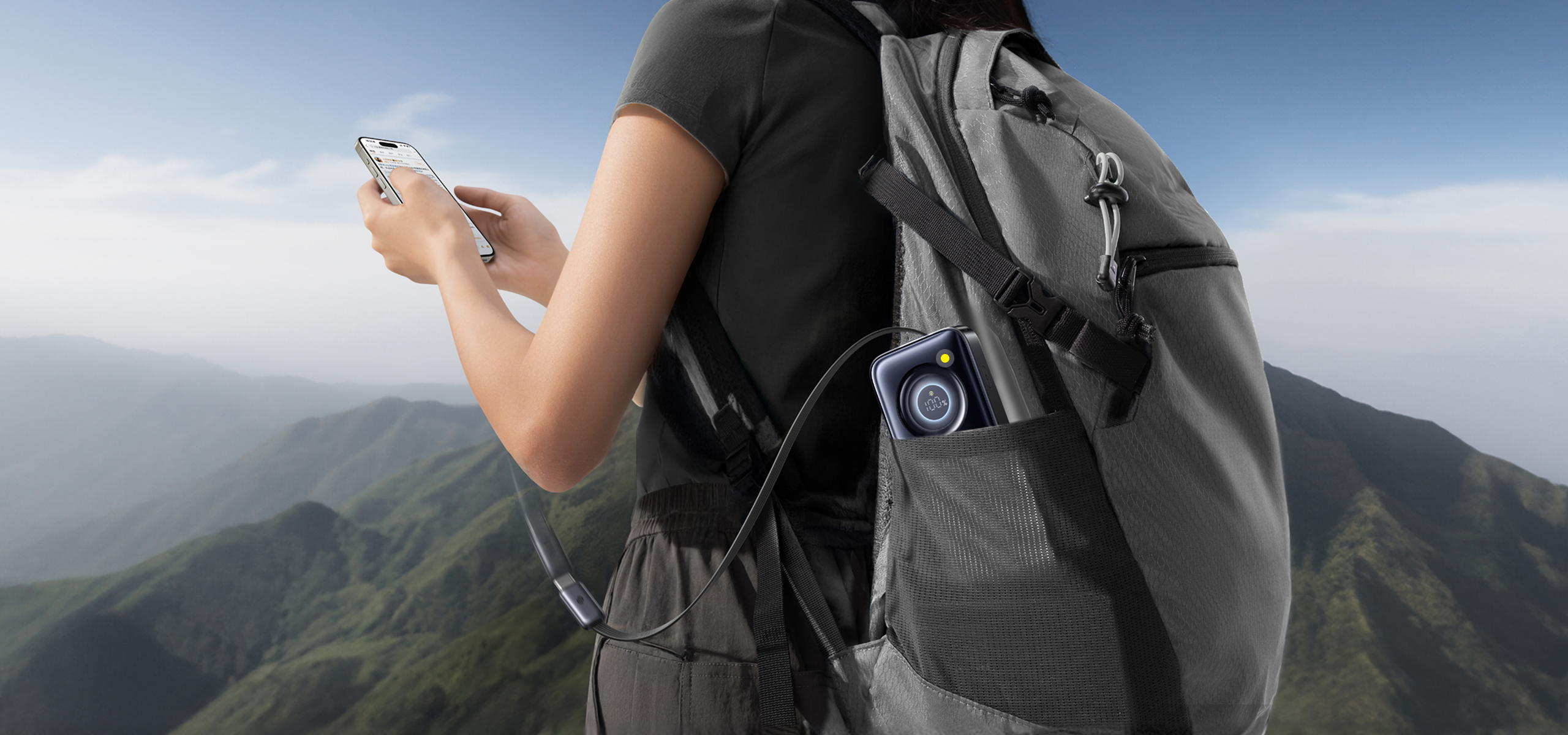 Baseus EnerCore CR11 Power Bank with Retractable USB-C Cable in backpack.