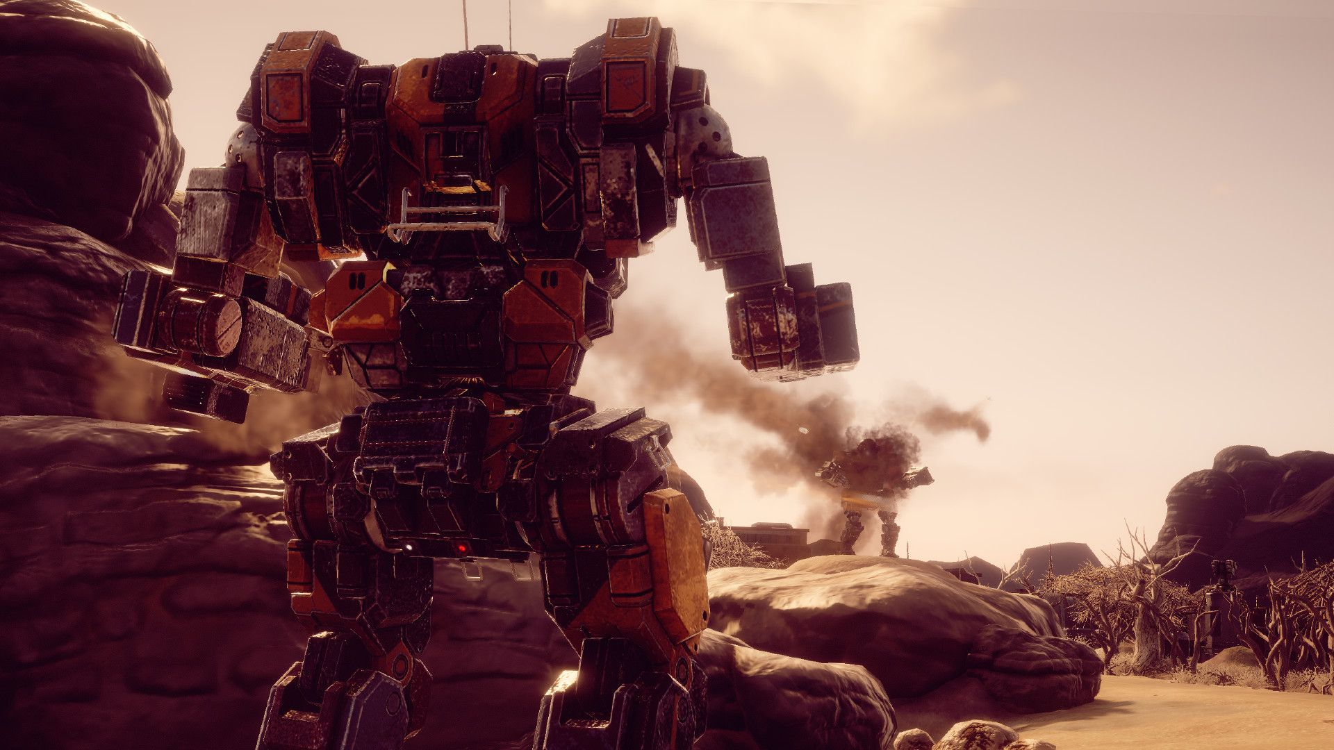 A mech firing rockets at an enemy in the video game Battletech.
