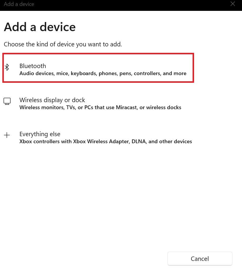 A screenshot of the Windows add a bluetooth device dialog.