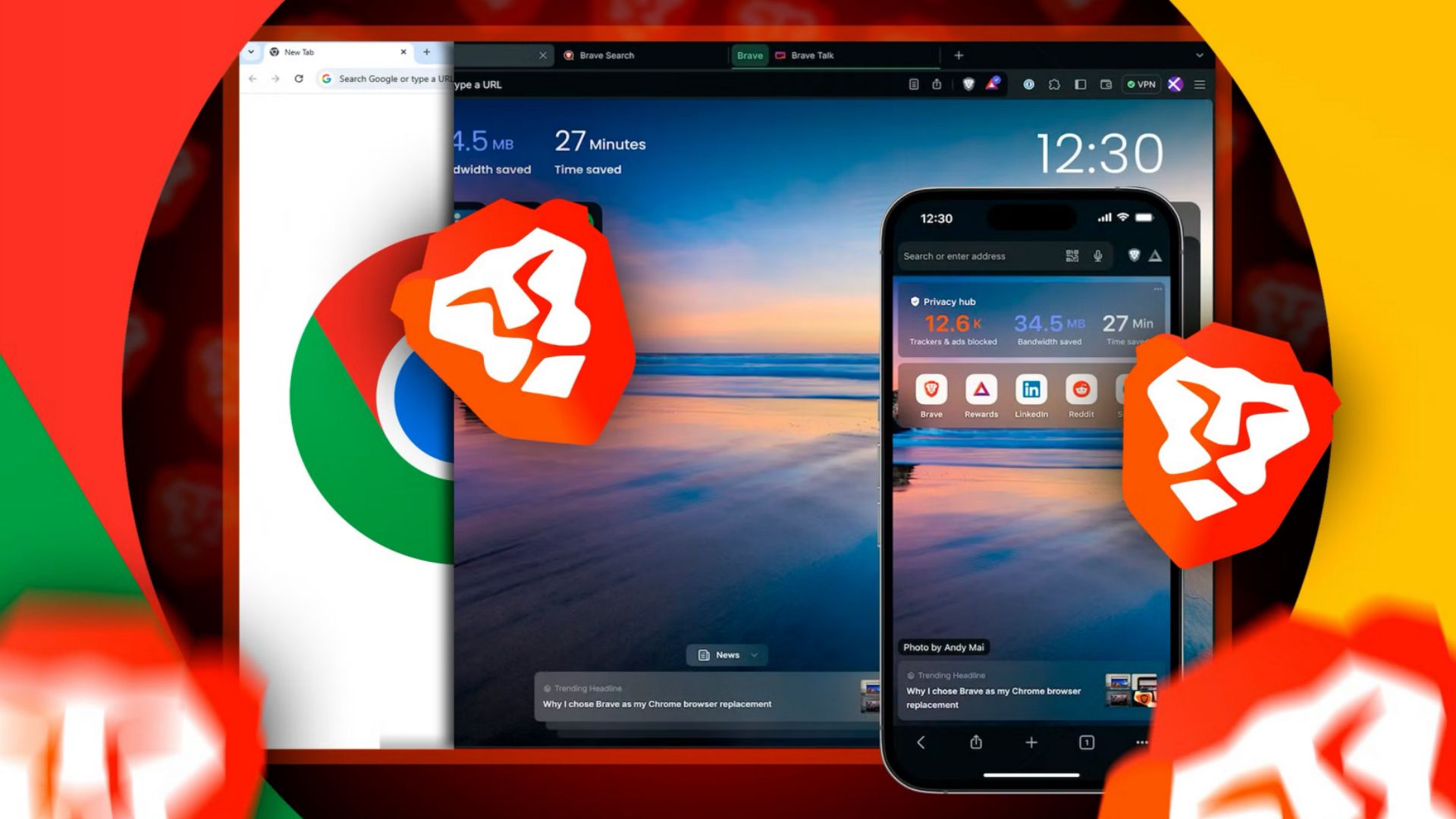 Split screen between Chrome and Brave browsers, with Brave occupying the majority of the space.