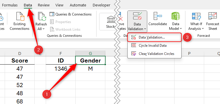 Cell G1 in Excel is selected, and the Data Validation option in the Data tab is highlighted.