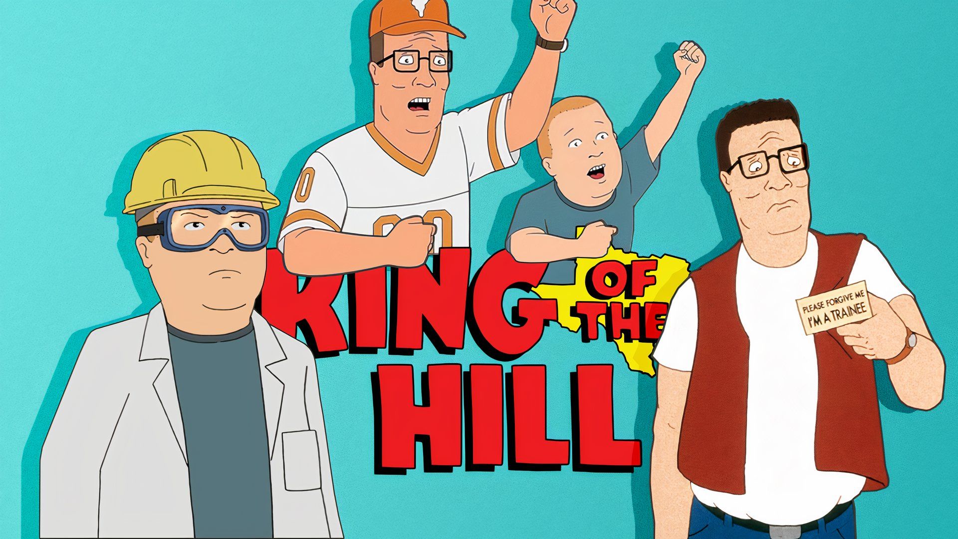 Characters from the series 'King of the Hill' standing in front of the show's logo.