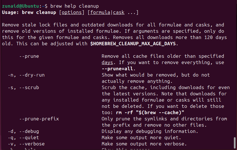 Checking the help section for a specific brew command on Linux.