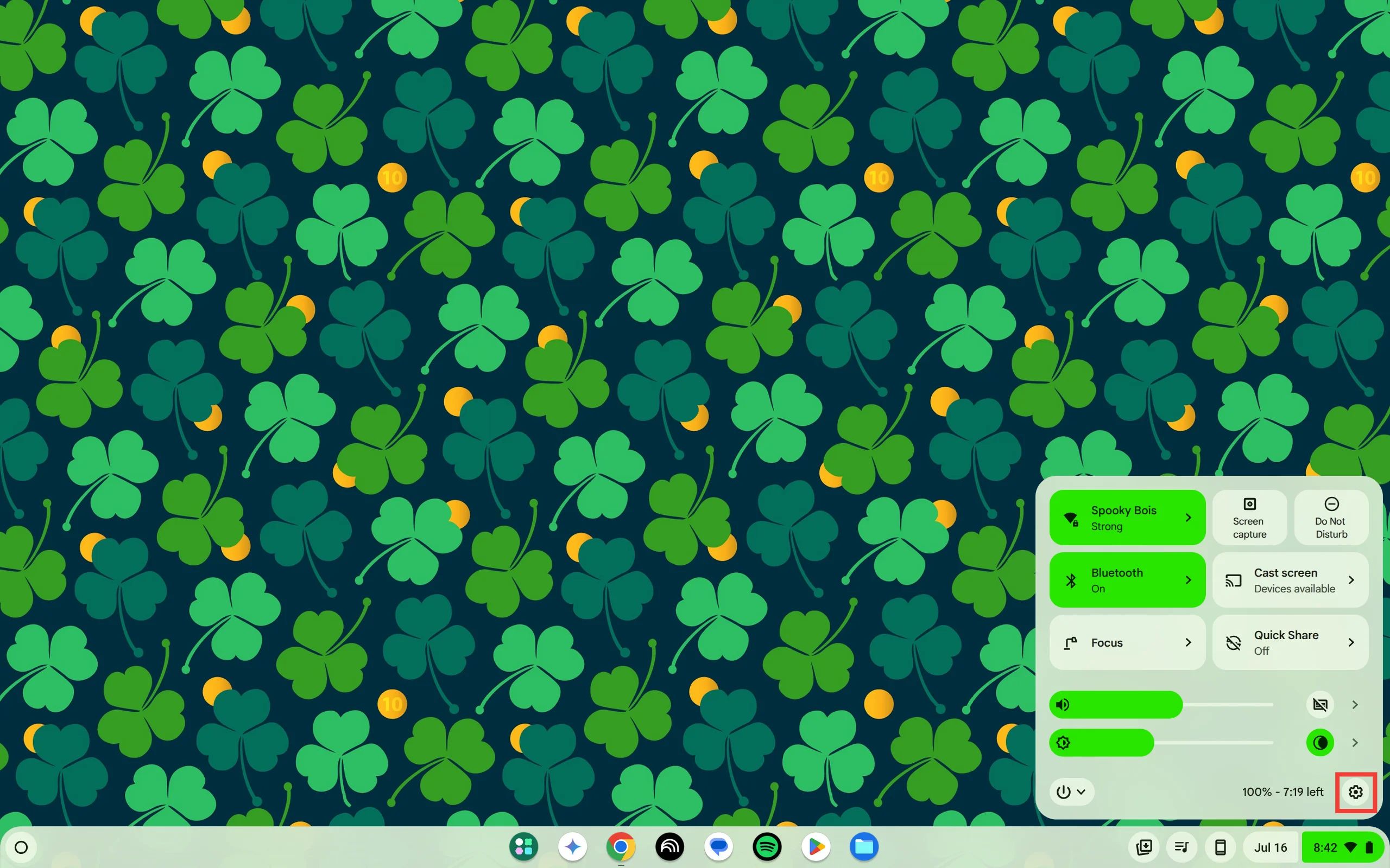 Chromebook quick settings menu with settings gear
