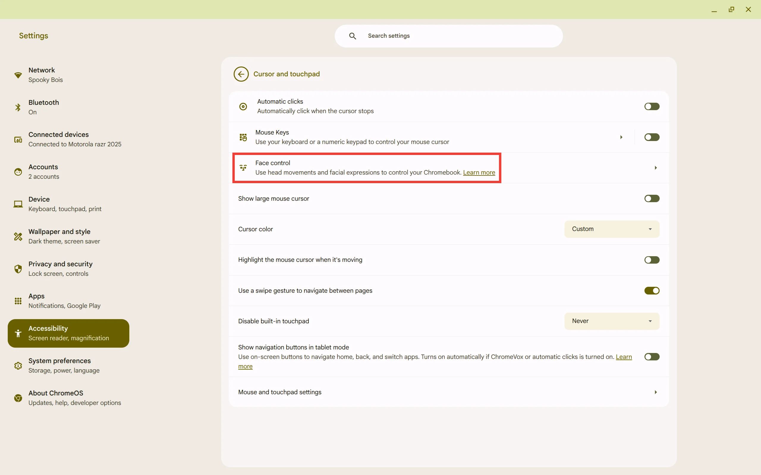 Chromebook Face Control Feature Settings Highlight in Menu
