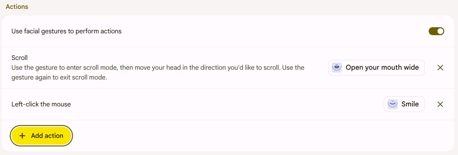 Action on a chromebook faces control settings