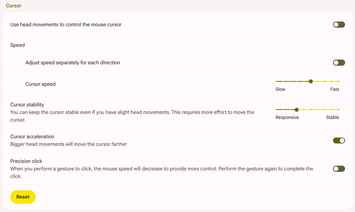 Face control cursor settings on a chromebook