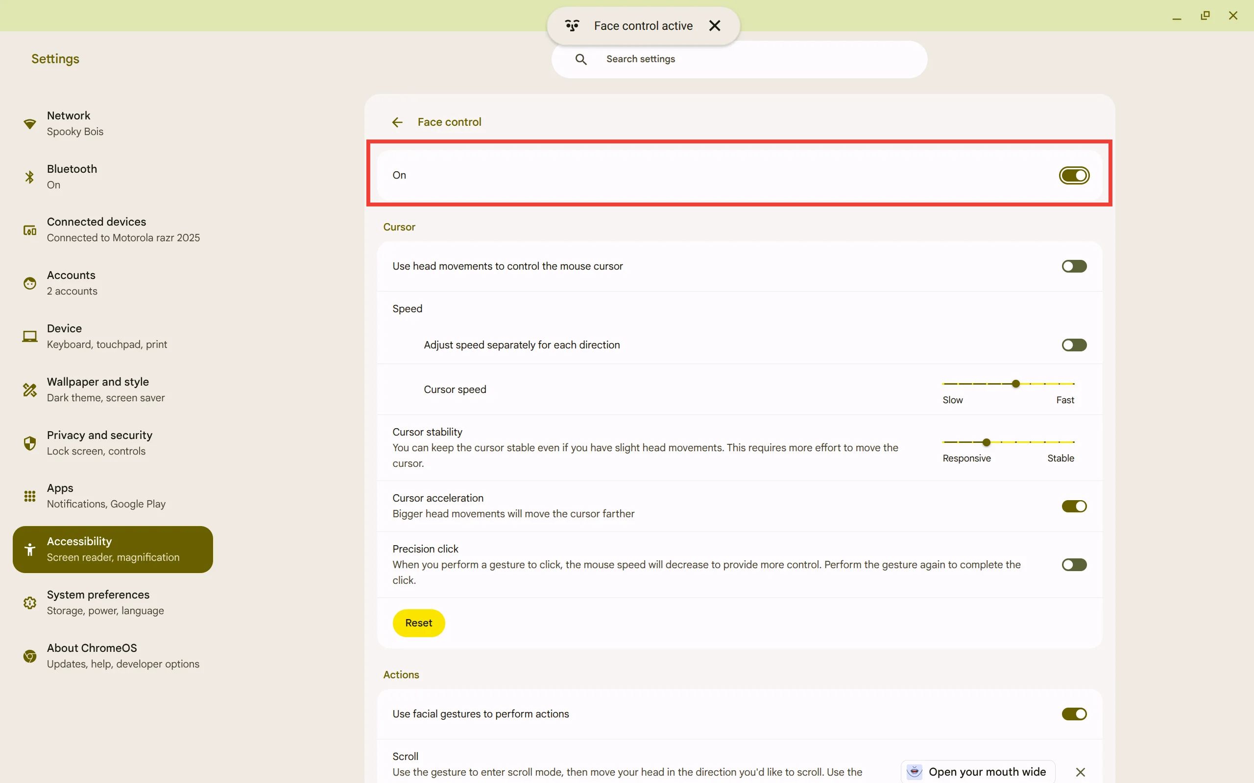 Highlight the face control feature togle in the Chromebook Settings menu