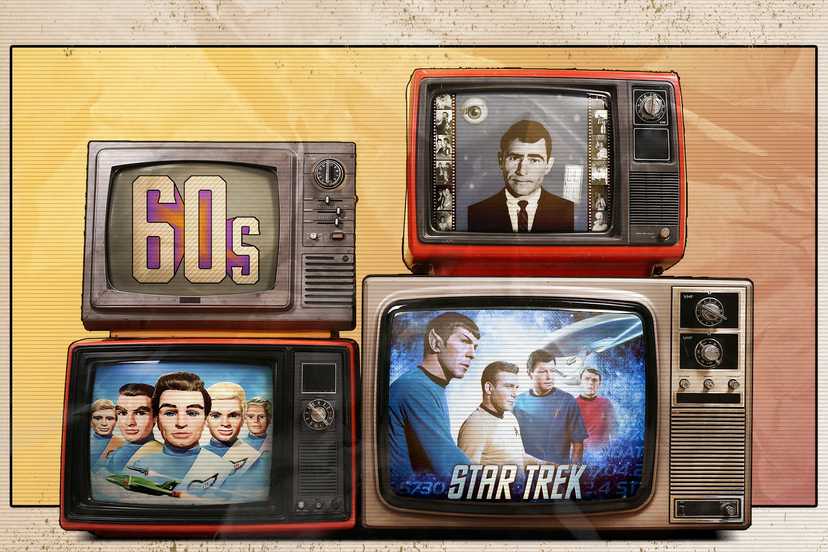Collage of four vintage TVs displaying 1960s content, including the word '60s,' scenes from Star Trek, Thunderbirds, and The Twilight Zone, all set against a retro textured background.