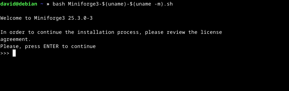 Miniforge installation script waiting for the user to press Enter.