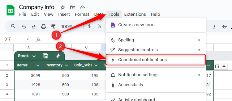 Conditional Notifications is selected in the Tools tab in Google Sheets.